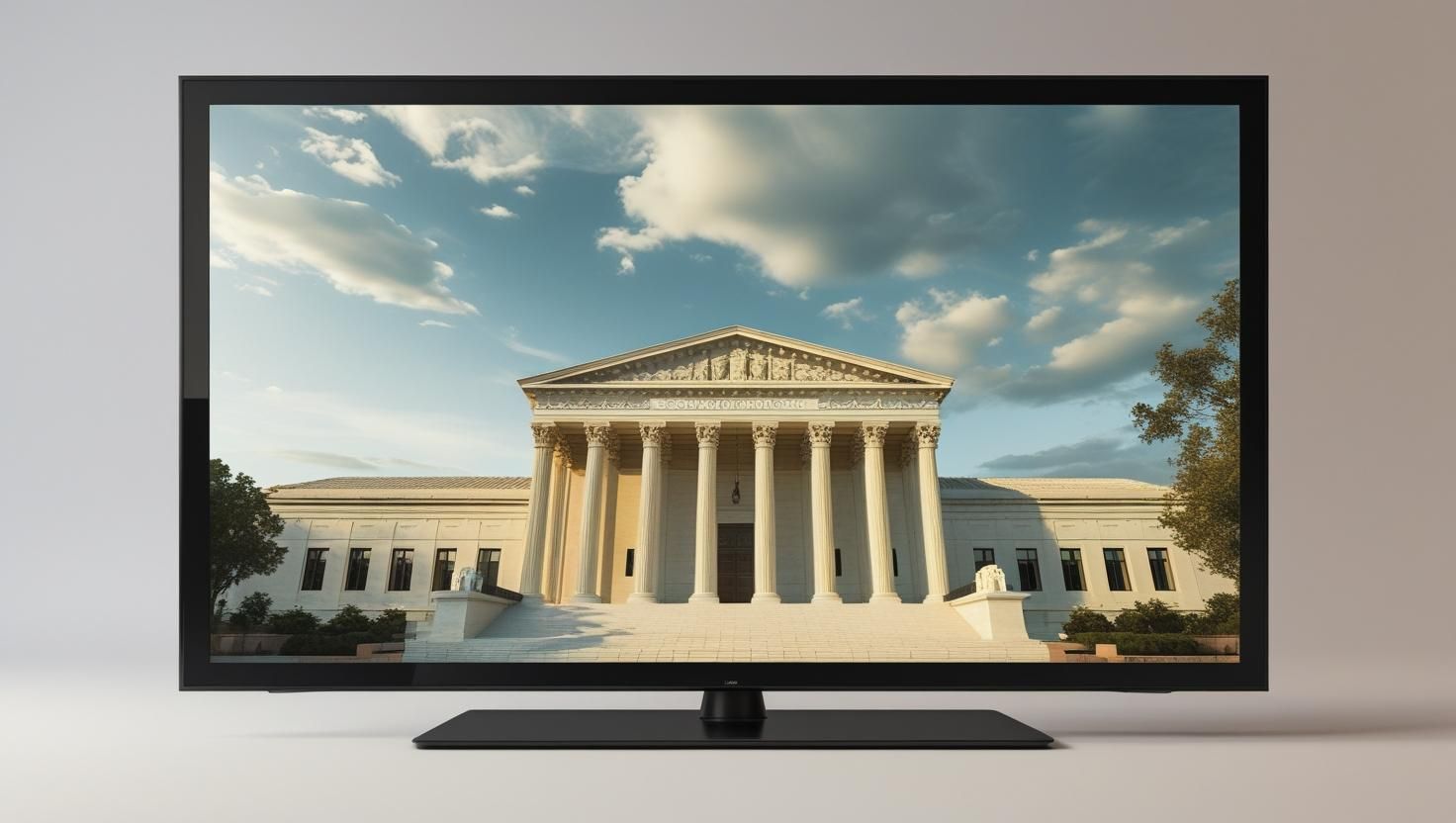 Television screen showing a courtroom drama scene next to a real courthouse, symbolizing the contrast between fictional and actual legal proceedings